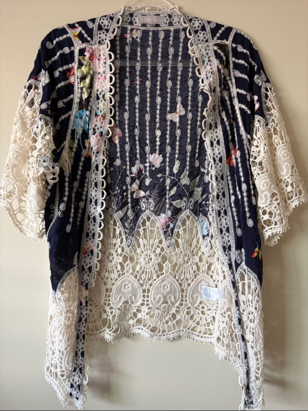 Boho Floral Crochet Trim Kimono - Navy & Cream